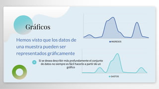 GASTOS
INGRESOS
Hemos visto que los datos de
una muestra pueden ser
representados grá camente
Grá cos
Si se desea describir más profundamente el conjunto
de datos no siempre es fácil hacerlo a partir de un
gráfico
 