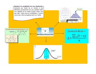 Muestran la variabilidad de una distribución,
indicando por medio de un número si las
diferentes puntuaciones de una variable están
muy alejadas de la media Cuanto mayor sea
ese valor, mayor será la variabilidad, y cuanto
menor sea, más homogénea será a la media
R = Xmax – Xmin
 