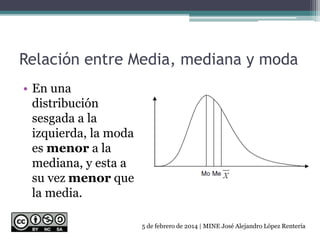 Relación entre Media, mediana y moda
• En una
distribución
sesgada a la
izquierda, la moda
es menor a la
mediana, y esta a
su vez menor que
la media.
5 de febrero de 2014 | MINE José Alejandro López Rentería
 