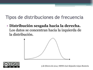 Tipos de distribuciones de frecuencia
• Distribución sesgada hacia la derecha.
Los datos se concentran hacia la izquierda de
la distribución.
5 de febrero de 2014 | MINE José Alejandro López Rentería
 