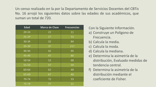 Un censo realizado en la por la Departamento de Servicios Docentes del CBTis
No. 16 arrojó los siguientes datos sobre las edades de sus académicos, que
suman un total de 720.
Edad Marca de Clase Frecuencias
20-24 22 21
25-29 27 53
30-34 32 84
35-39 37 117
40-44 42 95
45-49 47 80
50-54 52 68
55-59 57 59
60-64 62 49
65-69 67 40
70-74 72 33
75-79 77 21
Con la Siguiente Información.
a) Construye un Polígono de
Frecuencia.
b) Calcula la media.
c) Calcula la moda.
d) Calcula la mediana.
e) Determina la asimetría de la
distribución, Evaluado medidas de
tendencia central.
f) Determina la asimetría de la
distribución mediante el
coeficiente de Fisher.
 