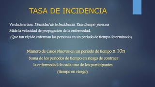 TASA DE INCIDENCIA
Verdadera tasa. Densidad de la Incidencia. Tasa tiempo-persona
Mide la velocidad de propagación de la enfermedad.
(Que tan rápido enferman las personas en un período de tiempo determinado)
Número de Casos Nuevos en un período de tiempo x 10n
Suma de los períodos de tiempo en riesgo de contraer
la enfermedad de cada uno de los participantes
(tiempo en riesgo)
 