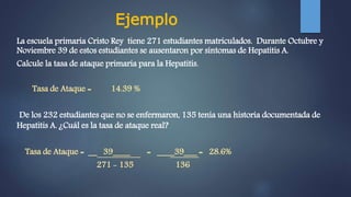 Ejemplo
La escuela primaria Cristo Rey tiene 271 estudiantes matriculados. Durante Octubre y
Noviembre 39 de estos estudiantes se ausentaron por síntomas de Hepatitis A.
Calcule la tasa de ataque primaria para la Hepatitis.
Tasa de Ataque = 14.39 %
De los 232 estudiantes que no se enfermaron, 135 tenía una historia documentada de
Hepatitis A. ¿Cuál es la tasa de ataque real?
Tasa de Ataque = __ 39____ = ____39___ = 28.6%
271 - 135 136
 