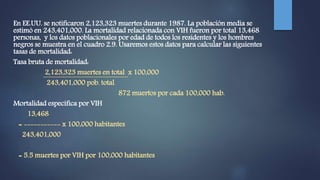 En EE.UU. se notificaron 2,123,323 muertes durante 1987. La población media se
estimó en 243,401,000. La mortalidad relacionada con VIH fueron por total 13,468
personas, y los datos poblacionales por edad de todos los residentes y los hombres
negros se muestra en el cuadro 2.9. Usaremos estos datos para calcular las siguientes
tasas de mortalidad:
Tasa bruta de mortalidad:
2,123,323 muertes en total x 100,000
243,401,000 pob. total
872 muertos por cada 100,000 hab.
Mortalidad específica por VIH
13,468
= ----------- x 100,000 habitantes
243,401,000
= 5.5 muertes por VIH por 100,000 habitantes
 