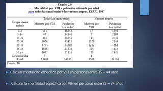 Calcular mortalidad especifica por VIH en personas entre 35 – 44 años
 Calcular la mortalidad específica por VIH en personas entre 25 – 34 años
 