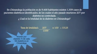 En Chinandega la población es de 9,468 habitantes existen 1,359 casos de
pacientes diabéticos identificados, de los cuales el año pasado murieron 207 por
diabetes no controlada.
¿ Cual es la letalidad de la diabetes en Chinandega?
Tasa de letalidad= 207 x 100 = 15.23
1359
Mueren por
diabetes 15 de cada
100 diabéticos en
Chinandega
 