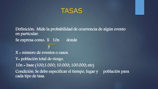 TASAS
Definición: Mide la probabilidad de ocurrencia de algún evento
en particular.
Se expresa como: X 10n donde
y
X = núm...