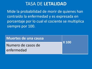 TASA DE LETALIDAD
Mide la probabilidad de morir de quienes han
contraído la enfermedad y es expresada en
porcentaje por lo cual el cociente se multiplica
siempre por 100.

Muertes de una causa
                                  X 100
Numero de casos de
enfermedad
 
