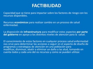 FACTIBILIDAD
Capacidad que se tiene para impactar sobre los factores de riesgo con los
recursos disponibles.

Recursos económicos para realizar cambio en un proceso de salud
enfermedad.

La disposición de infraestructura para modificar estos aspectos por parte
del gobierno en apoyo a los distintos niveles de atención para la salud.

El conocimiento de estos factores en cualquier proceso salud enfermedad
nos sirve para determinar las acciones a seguir en el aspecto de diseño de
programas y estrategias de atención en una población para
modificar, disminuir, abatir o eliminar un daño a las alud, tomando en
cuenta todos y cada uno del os recursos y como se pueden utilizar.
 