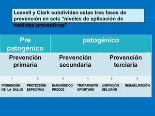 Leavell y Clark subdividen estas tres fases de
         prevención en seis “niveles de aplicación de
         medidas preventivas”


      Pre                                  patogénico
  patogénico
   Prevención                 Prevención                   Prevención
    primaria                  secundaria                    terciaria

     1             2            3             4             5             6

PROMOCIÓN     PROTECCIÓN   DIAGNÓSTICO   TRATAMIENTO   LIMITACIÓN   REHABILITACIÓN
DE LA SALUD   ESPECÍFICA   PRECOZ        OPORTUNO      DEL DAÑO
 