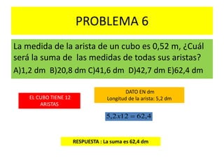 PROBLEMA 6
La medida de la arista de un cubo es 0,52 m, ¿Cuál
será la suma de las medidas de todas sus aristas?
A)1,2 dm B)20,8 dm C)41,6 dm D)42,7 dm E)62,4 dm
EL CUBO TIENE 12
ARISTAS
RESPUESTA : La suma es 62,4 dm
4,62122,5 x
DATO EN dm
Longitud de la arista: 5,2 dm
 