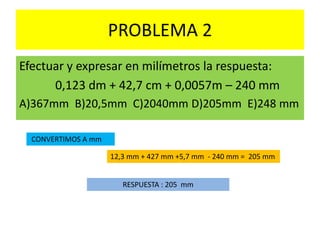 PROBLEMA 2
Efectuar y expresar en milímetros la respuesta:
0,123 dm + 42,7 cm + 0,0057m – 240 mm
A)367mm B)20,5mm C)2040mm D)205mm E)248 mm
CONVERTIMOS A mm
12,3 mm + 427 mm +5,7 mm - 240 mm = 205 mm
RESPUESTA : 205 mm
 