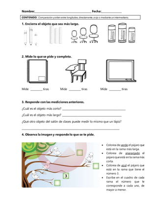 Nombre:____________________________________________ Fecha:________________
CONTENIDO: Comparación yorden entre longitudes,directamente,a ojo o mediante un intermediario.
1. Encierra el objeto que sea más largo.
2. Mide lo que se pide y completa.
Mide _________ tiras Mide _________ tiras Mide _________ tiras
3. Responde con las mediciones anteriores.
¿Cuál es el objeto más corto? _______________________________________________
¿Cuál es el objeto más largo? ______________________________________________
¿Qué otro objeto del salón de clases puede medir lo mismo que un lápiz?
____________________________________________________________________________
4. Observa la imagen y responde lo que se te pide.
 Colorea de verde el pájaro que
está en la rama más larga.
 Colorea de anaranjado el
pájaroqueestá en la rama más
corta.
 Colorea de azul el pájaro que
está en la rama que tiene el
número 3.
 Escribe en el cuadro de cada
rama el número que le
corresponde a cada uno, de
mayor a menor.
 