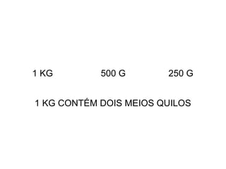 1 KG 500 G 250 G
1 KG CONTÉM DOIS MEIOS QUILOS
 