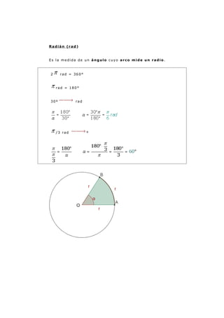 Radián (rad)
Es la medida de un ángulo cuyo arco mide un radio.
2 rad = 360°
rad = 180°
30º rad
/3 rad º
