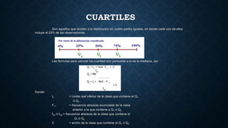 CUARTILES
Son aquellos que dividen a la distribución en cuatro partes iguales, en donde cada uno de ellos
incluye el 25% de las observaciones.
Las fórmulas para calcular los cuartiles son parecidas a la de la mediana, así:
Donde:
Li = Limite real inferior de la clase que contiene el Q1
ó Q3 .
Fi-1 = frecuencia absoluta acumulada de la clase
anterior a la que contiene a Q1 ó Q3
fQ1 ó fQ3 = frecuencia absoluta de la clase que contiene el
Q1 ó Q3
C = ancho de la clase que contiene el Q1 ó Q3
 