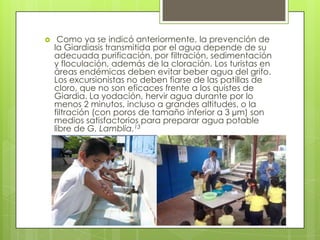     Como ya se indicó anteriormente, la prevención de
    la Giardiasis transmitida por el agua depende de su
    adecuada purificación, por filtración, sedimentación
    y floculación, además de la cloración. Los turistas en
    áreas endémicas deben evitar beber agua del grifo.
    Los excursionistas no deben fiarse de las patillas de
    cloro, que no son eficaces frente a los quistes de
    Giardia. La yodación, hervir agua durante por lo
    menos 2 minutos, incluso a grandes altitudes, o la
    filtración (con poros de tamaño inferior a 3 µm) son
    medios satisfactorios para preparar agua potable
    libre de G. Lamblia.13
 