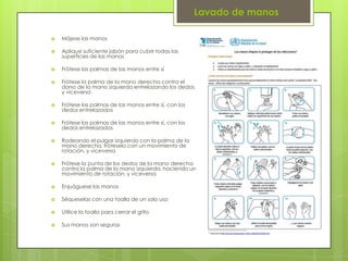 Lavado de manos

   Mójese las manos

   Aplique suficiente jabón para cubrir todas las
    superficies de las manos

   Frótese las palmas de las manos entre sí

   Frótese la palma de la mano derecha contra el
    dorso de la mano izquierda entrelazando los dedos,
    y viceversa

   Frótese las palmas de las manos entre sí, con los
    dedos entrelazados

   Frótese las palmas de las manos entre sí, con los
    dedos entrelazados

   Rodeando el pulgar izquierdo con la palma de la
    mano derecha, fróteselo con un movimiento de
    rotación, y viceversa

   Frótese la punta de los dedos de la mano derecha
    contra la palma de la mano izquierda, haciendo un
    movimiento de rotación, y viceversa

   Enjuáguese las manos

   Séqueselas con una toalla de un solo uso

   Utilice la toalla para cerrar el grifo

   Sus manos son seguras
 