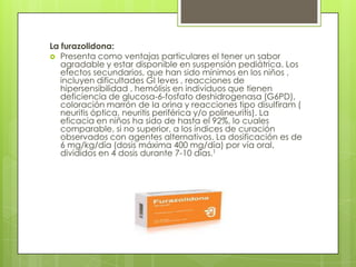 La furazolidona:
 Presenta como ventajas particulares el tener un sabor
   agradable y estar disponible en suspensión pediátrica. Los
   efectos secundarios, que han sido mínimos en los niños ,
   incluyen dificultades GI leves , reacciones de
   hipersensibilidad , hemólisis en individuos que tienen
   deficiencia de glucosa-6-fosfato deshidrogenasa (G6PD),
   coloración marrón de la orina y reacciones tipo disulfiram (
   neuritis óptica, neuritis periférica y/o polineuritis). La
   eficacia en niños ha sido de hasta el 92%, lo cuales
   comparable, si no superior, a los índices de curación
   observados con agentes alternativos. La dosificación es de
   6 mg/kg/día (dosis máxima 400 mg/día) por vía oral,
   divididos en 4 dosis durante 7-10 días.1
 