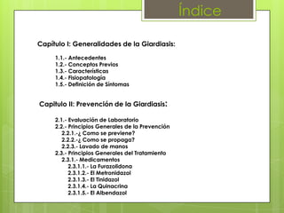 Índice

Capítulo I: Generalidades de la Giardiasis:

     1.1.- Antecedentes
     1.2.- Conceptos Previos
     1.3.- Características
     1.4.- Fisiopatología
     1.5.- Definición de Síntomas


Capitulo II: Prevención de la Giardiasis:

     2.1.- Evaluación de Laboratorio
     2.2.- Principios Generales de la Prevención
        2.2.1.-¿ Como se previene?
        2.2.2.-¿ Como se propaga?
        2.2.3.- Lavado de manos
     2.3.- Principios Generales del Tratamiento
        2.3.1.- Medicamentos
           2.3.1.1.- La Furazolidona
           2.3.1.2.- El Metronidazol
           2.3.1.3.- El Tinidazol
           2.3.1.4.- La Quinacrina
           2.3.1.5.- El Albendazol
 