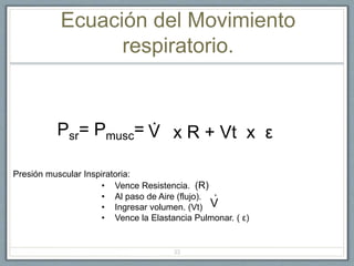 33
Ecuación del Movimiento
respiratorio.
Psr= Pmusc= ·V x R + Vt x ε
Presión muscular Inspiratoria:
• Vence Resistencia. (R)
• Al paso de Aire (flujo).
• Ingresar volumen. (Vt)
• Vence la Elastancia Pulmonar. ( ε)
·
V
 