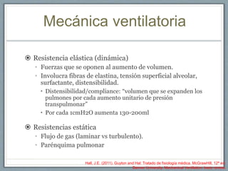 Mecánica ventilatoria
 Resistencia elástica (dinámica)
• Fuerzas que se oponen al aumento de volumen.
• Involucra fibras de elastina, tensión superficial alveolar,
surfactante, distensibilidad.
 Distensibilidad/compliance: “volumen que se expanden los
pulmones por cada aumento unitario de presión
transpulmonar”
 Por cada 1cmH2O aumenta 130-200ml
 Resistencias estática
• Flujo de gas (laminar vs turbulento).
• Parénquima pulmonar
Hall, J.E. (2011). Guyton and Hal: Tratado de fisiología médica. McGrawHill, 12ª ed.
Denver University. Mechanical Ventilation: basic review.
 