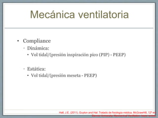 Mecánica ventilatoria
• Compliance
• Dinámica:
• Vol tidal/(presión inspiración pico (PIP) – PEEP)
• Estática:
• Vol tidal/(presión meseta – PEEP)
Hall, J.E. (2011). Guyton and Hal: Tratado de fisiología médica. McGrawHill, 12ª ed.
Denver University. Mechanical Ventilation: basic review.
 