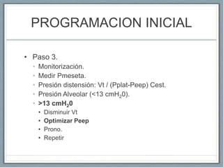 • Paso 3.
• Monitorización.
• Medir Pmeseta.
• Presión distensión: Vt / (Pplat-Peep) Cest.
• Presión Alveolar (<13 cmH20).
• >13 cmH20
• Disminuir Vt
• Optimizar Peep
• Prono.
• Repetir
PROGRAMACION INICIAL
 