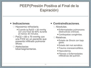 PEEP(Presión Positiva al Final de la
Espiración)
 Indicaciones
 Hipoxemia refractaria.
Cuando la PaO2 < 50 mmHg
con una FiO2 de 60% durante
al menos 30 minutos.
 PaO2 < 60 o 70 mmHg con
una FiO2 en un paciente que
presenta infiltrado pulmonar
difuso.
 Atelectasias
lobar/segmentarias.
 Contraindicaciones.
 Absolutas.
Enfermadades pulmonares
obstructivas crónicas.
Cardiopatias congénitas.
 Relativas.
Estado de Shock con bajo
gasto.
Estado del mal asmático.
Trauma craneoencefálico.
Hipovolemia.
Fibrosis o Enfermedades
inflitrativas del pulmón.
56
 