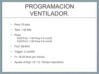 PROGRAMACION
VENTILADOR.
• Peso 70 kilos
• Talla: 1.65 Mts.
• Peep:
• Pa02/Fio2: <190 Peep 5-8 cmh20
• Pa02/Fio2: <190 Peep 5-8 cmh20
• Fio2: 88-94%
• Trigger: 2 cmH20
• Fr: 16-20 litros por minuto.
• Ajustar el flujo: I:E 1:2. Tiempo inspiratorio.
 