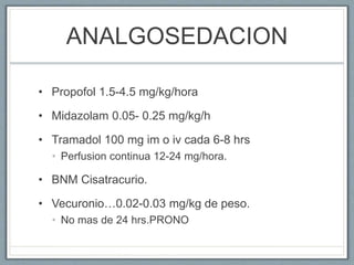 ANALGOSEDACION
• Propofol 1.5-4.5 mg/kg/hora
• Midazolam 0.05- 0.25 mg/kg/h
• Tramadol 100 mg im o iv cada 6-8 hrs
• Perfusion continua 12-24 mg/hora.
• BNM Cisatracurio.
• Vecuronio…0.02-0.03 mg/kg de peso.
• No mas de 24 hrs.PRONO
 