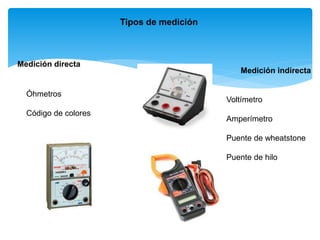 Tipos de medición
Medición directa
Medición indirecta
Óhmetros
Código de colores
Voltímetro
Amperímetro
Puente de wheatstone
Puente de hilo
 
