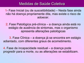 Medidas de Saúde ColetivaMedidas de Saúde Coletiva
1- Fase Inicial (ou de suscetibilidade) – Nesta fase ainda
não há doença propriamente dita, mas existe o risco de
adoecer.
2. Fase Patológica pré-clínica – a doença ainda está no
estágio de ausência de sintomas, mas o organismo
apresenta alterações patológicas
3. Fase Clínica – a doença já se encontra em estágio
adiantado, com diferentes graus de acometimento.
4. Fase de incapacidade residual – a doença pode
progredir para a morte, ou as alterações se estabilizam.
 