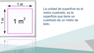 La unidad de superficie es el
metro cuadrado, es la
superficie que tiene un
cuadrado de un metro de
lado.
 