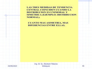 24/09/2023
Ing. Dr. Sc. Abraham Palacios
Velasquez 45
LAS TRES MEDIDAS DE TENDENCIA
CENTRAL COINCIDEN CUANDO LA
DISTRIBUCION ES UNIMODAL Y
SIMETRICA (EJEMPLO: DISTRIBUCION
NORMAL).
CUANTO MAS ASIMETRIA, MAS
DIFERENCIAS ENTRE ELLAS.
 