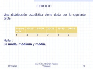 24/09/2023
Ing. Dr. Sc. Abraham Palacios
Velasquez 48
Una distribución estadística viene dada por la siguiente
tabla:
Hallar:
La moda, mediana y media.
Frecue
ncia
10-15 15-20 20-25 25-30 30-35
f 3 5 7 4 2
EJERCICIO
 