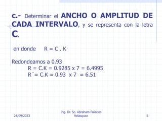 24/09/2023
Ing. Dr. Sc. Abraham Palacios
Velasquez 5
c.- Determinar el ANCHO O AMPLITUD DE
CADA INTERVALO, y se representa con la letra
C.
en donde R = C . K
Redondeamos a 0.93
R = C.K = 0.9285 x 7 = 6.4995
R´= C.K = 0.93 x 7 = 6.51
 