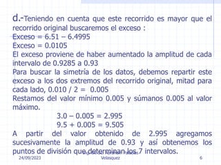 24/09/2023
Ing. Dr. Sc. Abraham Palacios
Velasquez 6
d.-Teniendo en cuenta que este recorrido es mayor que el
recorrido original buscaremos el exceso :
Exceso = 6.51 – 6.4995
Exceso = 0.0105
El exceso proviene de haber aumentado la amplitud de cada
intervalo de 0.9285 a 0.93
Para buscar la simetría de los datos, debemos repartir este
exceso a los dos extremos del recorrido original, mitad para
cada lado, 0.010 / 2 = 0.005
Restamos del valor mínimo 0.005 y súmanos 0.005 al valor
máximo.
3.0 – 0.005 = 2.995
9.5 + 0.005 = 9.505
A partir del valor obtenido de 2.995 agregamos
sucesivamente la amplitud de 0.93 y así obtenemos los
puntos de división que determinan los 7 intervalos.
 
