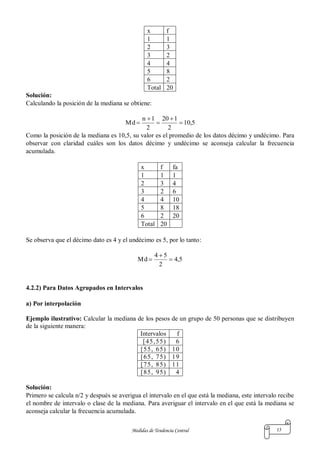 Medidas de Tendencia Central 13
x f
1 1
2 3
3 2
4 4
5 8
6 2
Total 20
Solución:
Calculando la posición de la mediana se obtiene:
5,10
2
120
2
1n
Md 




Como la posición de la mediana es 10,5, su valor es el promedio de los datos décimo y undécimo. Para
observar con claridad cuáles son los datos décimo y undécimo se aconseja calcular la frecuencia
acumulada.
x f fa
1 1 1
2 3 4
3 2 6
4 4 10
5 8 18
6 2 20
Total 20
Se observa que el décimo dato es 4 y el undécimo es 5, por lo tanto:
5,4
2
54
Md 


4.2.2) Para Datos Agrupados en Intervalos
a) Por interpolación
Ejemplo ilustrativo: Calcular la mediana de los pesos de un grupo de 50 personas que se distribuyen
de la siguiente manera:
Intervalos f
[45,55) 6
[55, 65) 10
[65, 75) 19
[75, 85) 11
[85, 95) 4
Solución:
Primero se calcula n/2 y después se averigua el intervalo en el que está la mediana, este intervalo recibe
el nombre de intervalo o clase de la mediana. Para averiguar el intervalo en el que está la mediana se
aconseja calcular la frecuencia acumulada.
 