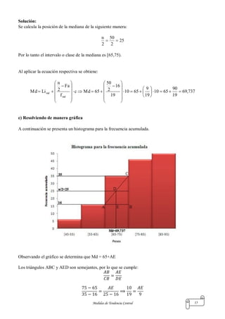 Medidas de Tendencia Central 15
Solución:
Se calcula la posición de la mediana de la siguiente manera:
25
2
50
2
n

Por lo tanto el intervalo o clase de la mediana es [65,75).
Al aplicar la ecuación respectiva se obtiene:
737,69
19
90
6510
19
9
6510
19
16
2
50
65Mdc
f
Fa
2
n
LiMd
md
md 


































c) Resolviendo de manera gráfica
A continuación se presenta un histograma para la frecuencia acumulada.
Observando el gráfico se determina que Md = 65+AE
Los triángulos ABC y AED son semejantes, por lo que se cumple:
 