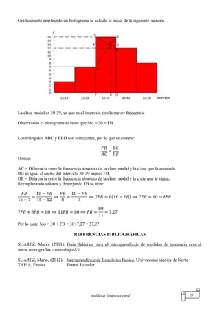 Medidas de Tendencia Central 29
Gráficamente empleando un histograma se calcula la moda de la siguiente manera:
La clase modal es 30-39, ya que es el intervalo con la mayor frecuencia
Observando el histograma se tiene que Mo = 30 + FB
Los triángulos ABC y EBD son semejantes, por lo que se cumple:
Donde:
AC = Diferencia entre la frecuencia absoluta de la clase modal y la clase que la antecede.
BG es igual al ancho del intervalo 30-39 menos FB.
DE = Diferencia entre la frecuencia absoluta de la clase modal y la clase que le sigue.
Reemplazando valores y despejando FB se tiene:
( )
Por lo tanto Mo = 30 + FB = 30+7,27 = 37,27
REFERENCIAS BIBLIOGRÁFICAS
SUÁREZ, Mario, (2011), Guía didáctica para el interaprendizaje de medidas de tendencia central,
www.monografias.com/trabajos85/
SUÁREZ, Mario, (2012), Interaprendizaje de Estadística Básica, Universidad técnica de Norte
TAPIA, Fausto Ibarra, Ecuador.
 