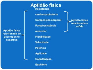 Resistência
cardiorrespiratória
Composição corporal
Força/resistência
muscular
Flexibilidade
Velocidade
Potência
Agilidade
Coordenação
Equilíbrio
Aptidão física
relacionada a
saúde
Aptidão física
relacionada ao
desempenho
esportivo
Aptidão física
 