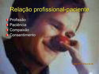 Relação profissional-paciente
Profissão
Paciência
Compaixão
Consentimento
J Med Phil 1979;4:32-56
 
