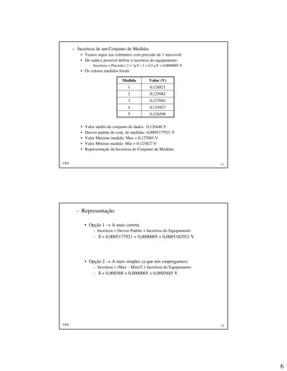 6
CKS 11
– Incerteza de um Conjunto de Medidas
• Vamos supor um voltímetro com precisão de 1 microvolt
• De saída é possível definir a incerteza do equipamento
– Incerteza = Precisão / 2 = 1µV / 2 = 0,5 µV = 0,0000005 V
• Os valores medidos foram
• Valor médio do conjunto de dados: 0,126446 V
• Desvio padrão do conj. de medidas: 0,0005177921 V
• Valor Máximo medido: Max = 0,127003 V
• Valor Mínimo medido: Min = 0,125827 V
• Representação da Incerteza do Conjunto de Medidas
0,1265985
0,1258274
0,1270033
0,1259822
0,1268211
Valor (V)Medida
CKS 12
– Representação
• Opção 1 → A mais correta
– Incerteza = Desvio Padrão + Incerteza do Equipamento
– δ = 0,0005177921 + 0,0000005 = 0,0005182921 V
• Opção 2 → A mais simples (a que nós empregamos)
– Incerteza = (Max – Min)/2 + Incerteza do Equipamento
– δ = 0,000588 + 0,0000005 = 0,0005885 V
 