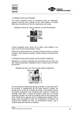 Espírito Santo
___________________________________________________________________________________________________
___________________________________________________________________________________________________
SENAI
Departamento Regional do Espírito Santo 23
a. Rotação do disco por blindagem
Um campo magnético pode ser blindado parcial ou totalmente,
quando o pólo do imã é dotado de um anel metálico. O mesmo
efeito tem uma lâmina de ferro em presença de um campo.
Rotação do disco por meio da ação de um anel de blindagem
O fluxo magnético induz, assim, de um lado o anel metálico, e do
outro, com seu fluxo não blindado, o disco.
Desta forma desenvolvem-se correntes de igual sentido em ambos
os lados, cujos campos se atraem, dando ao disco o movimento de
rotação.
b. Rotação do disco pela atuação de dois campos magnéticos
Medidores de corrente alternada são construídos de tal modo que
dois campos alternados, defasados entre si, atuam sobre um disco
de alumínio.
Rotação dos disco por meio de dois campos magnéticos
Um dos campos é criado pela bobina de tensão, o outro pela bobina
de corrente. O defasamento de 90º entre ambos é devido, em
grande parte, ao fato de a bobina de tensão, com elevado número
de espiras, apresentar uma indutância bem superior à bobina de
corrente. Além disto, a bobina de tensão é feita com um circuito
magnético paralelo, de modo que apenas parte do fluxo passa pelo
disco. Desta forma, aparece mais um defasamento angular. Para o
ajuste exato da posição de fase, os enrolamentos de tensão e de
corrente são dotados de mais um enrolamento auxiliar, que é
curtocircuitado por meio de um reostato.
 