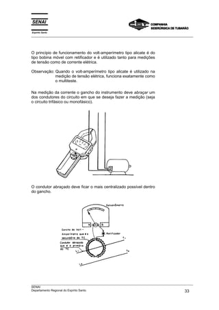 Espírito Santo
___________________________________________________________________________________________________
___________________________________________________________________________________________________
SENAI
Departamento Regional do Espírito Santo 33
O princípio de funcionamento do volt-amperímetro tipo alicate é do
tipo bobina móvel com retificador e é utilizado tanto para medições
de tensão como de corrente elétrica.
Observação: Quando o volt-amperímetro tipo alicate é utilizado na
medição de tensão elétrica, funciona exatamente como
o multiteste.
Na medição da corrente o gancho do instrumento deve abraçar um
dos condutores do circuito em que se deseja fazer a medição (seja
o circuito trifásico ou monofásico).
O condutor abraçado deve ficar o mais centralizado possível dentro
do gancho.
 