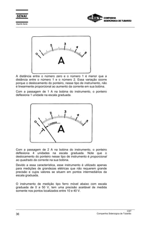 Espírito Santo
___________________________________________________________________________________________________
___________________________________________________________________________________________________
CST
36 Companhia Siderúrgica de Tubarão
A distância entre o número zero e o número 1 é menor que a
distância entre o número 1 e o número 2. Essa variação ocorre
porque o deslocamento do ponteiro, nesse tipo de instrumento, não
é linearmente proporcional ao aumento da corrente em sua bobina.
Com a passagem de 1 A na bobina do instrumento, o ponteiro
deflexiona 1 unidade na escala graduada.
Com a passagem de 2 A na bobina do instrumento, o ponteiro
deflexiona 4 unidades na escala graduada. Note que o
deslocamento do ponteiro nesse tipo de instrumento é proporcional
ao quadrado da corrente na sua bobina.
Devido a essa característica, esse instrumento é utilizado apenas
para medições de grandezas elétricas que não requerem grande
precisão e cujos valores se situem em pontos intermediários da
escala graduada.
O instrumento de medição tipo ferro móvel abaixo com escala
graduada de 0 a 50 V, tem uma precisão aceitável de medida
somente nos pontos localizados entre 10 e 40 V.
 