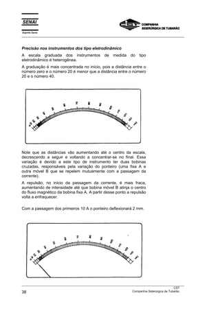 Espírito Santo
___________________________________________________________________________________________________
___________________________________________________________________________________________________
CST
38 Companhia Siderúrgica de Tubarão
Precisão nos instrumentos dos tipo eletrodinâmico
A escala graduada dos instrumentos de medida do tipo
eletrodinâmico é heterogênea.
A graduação é mais concentrada no início, pois a distância entre o
número zero e o número 20 é menor que a distância entre o número
20 e o número 40.
Note que as distâncias vão aumentando até o centro da escala,
decrescendo a seguir e voltando a concentrar-se no final. Essa
variação é devido a este tipo de instrumento ter duas bobinas
cruzadas, responsáveis pela variação do ponteiro (uma fixa A e
outra móvel B que se repelem mutuamente com a passagem da
corrente).
A repulsão, no início da passagem da corrente, é mais fraca,
aumentando de intensidade até que bobina móvel B atinja o centro
do fluxo magnético da bobina fixa A. A partir desse ponto a repulsão
volta a enfraquecer.
Com a passagem dos primeiros 10 A o ponteiro deflexionará 2 mm.
 