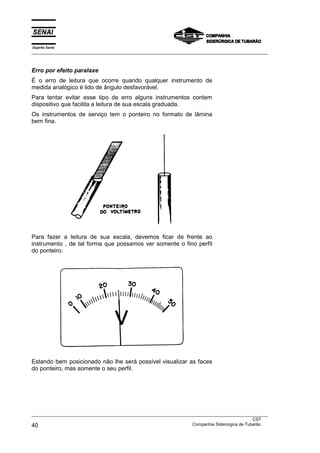 Espírito Santo
___________________________________________________________________________________________________
___________________________________________________________________________________________________
CST
40 Companhia Siderúrgica de Tubarão
Erro por efeito paralaxe
É o erro de leitura que ocorre quando qualquer instrumento de
medida analógico é lido de ângulo desfavorável.
Para tentar evitar esse tipo de erro alguns instrumentos contem
dispositivo que facilita a leitura de sua escala graduada.
Os instrumentos de serviço tem o ponteiro no formato de lâmina
bem fina.
Para fazer a leitura de sua escala, devemos ficar de frente ao
instrumento , de tal forma que possamos ver somente o fino perfil
do ponteiro.
Estando bem posicionado não lhe será possível visualizar as faces
do ponteiro, mas somente o seu perfil.
 