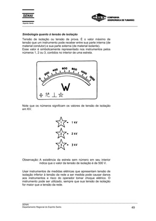 Espírito Santo
___________________________________________________________________________________________________
___________________________________________________________________________________________________
SENAI
Departamento Regional do Espírito Santo 49
Simbologia quanto à tensão de isolação
Tensão de isolação ou tensão de prova. É o valor máximo de
tensão que um instrumento pode receber entre sua parte interna (de
material condutor) e sua parte externa (de material isolante).
Esse valor é simbolicamente representado nos instrumentos pelos
números 1, 2 ou 3, contidos no interior de uma estrela.
Note que os números significam os valores de tensão de isolação
em KV.
Observação: A existência da estrela sem número em seu interior
indica que o valor da tensão de isolação é de 500 V.
Usar instrumentos de medidas elétricas que apresentam tensão de
isolação inferior à tensão da rede a ser medida pode causar danos
aos instrumentos e risco do operador tomar choque elétrico. O
instrumento pode ser utilizado, sempre que sua tensão de isolação
for maior que a tensão da rede.
 